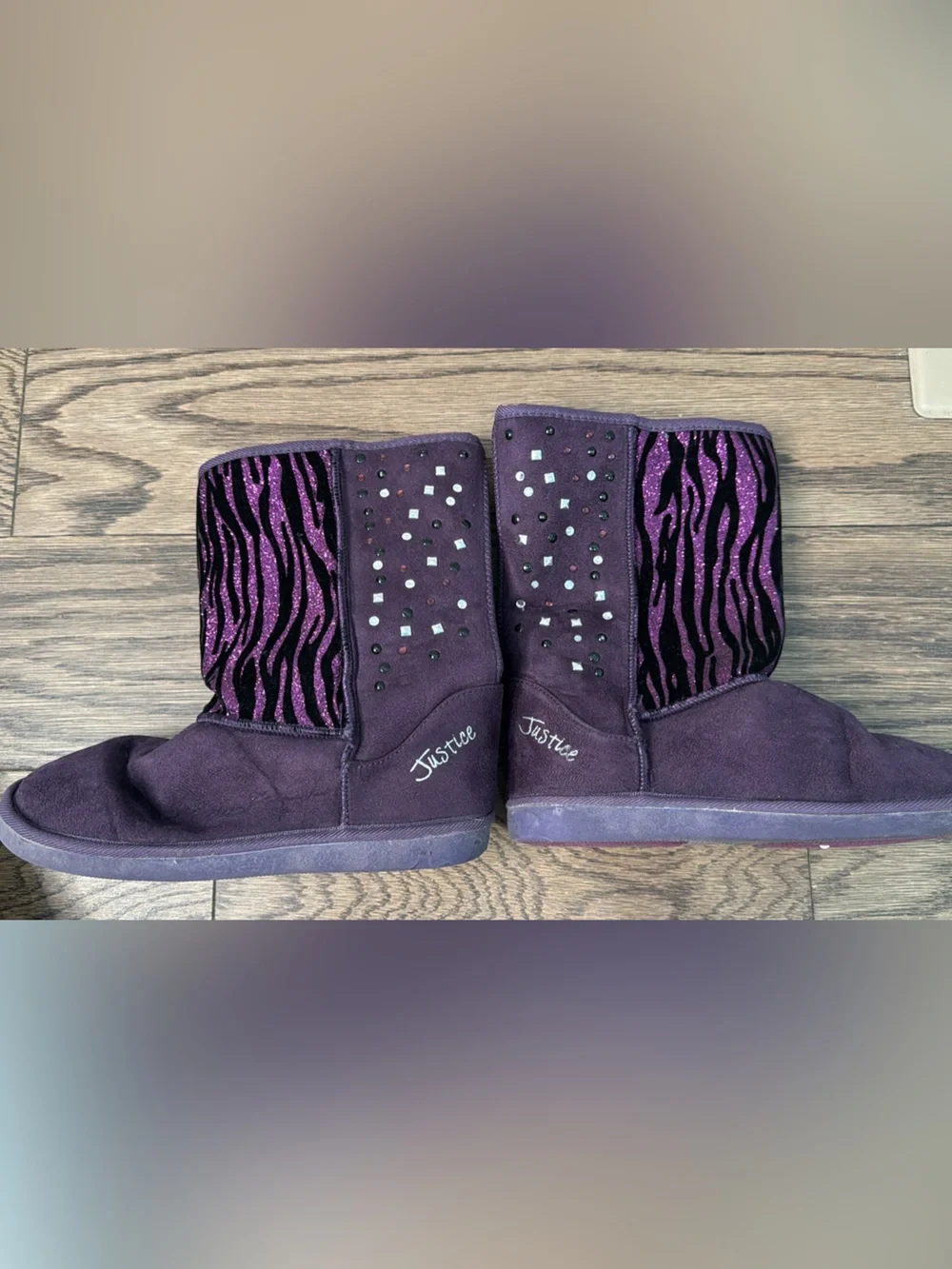 Girls Purple Glitter Zebra Suede Mid-Calf Boots !